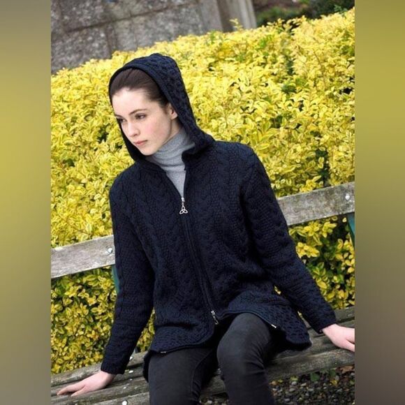 Aran Crafts 100% Merino Wool HOODED COAT WITH CELTIC KNOT ZIPPER blue size XXL - Picture 7 of 7